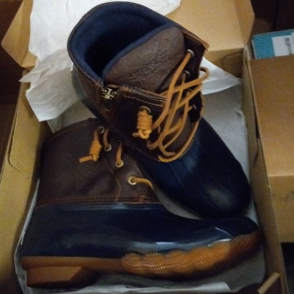 SPERRY Top Sider Saltwater Duck Waterproof Boots 91175 Navy+ Brown Leather 7.5 - Picture 10 of 14